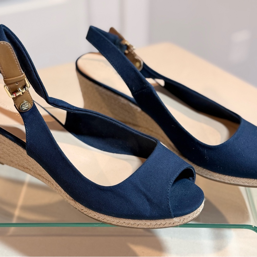 Tommy Hilfiger Navy Open-Toe Slingback Wedge Sandals